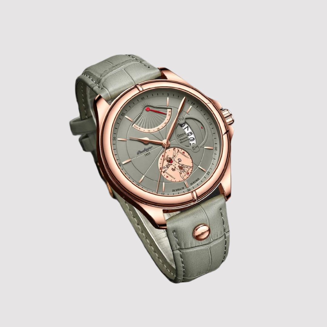 NOVA men's stainless steel quartz watch with genuine leather strap