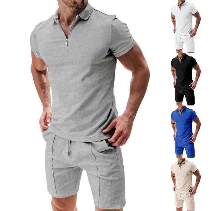 NOVA | Men's Solid Color Waffle Polo Shirt Set
