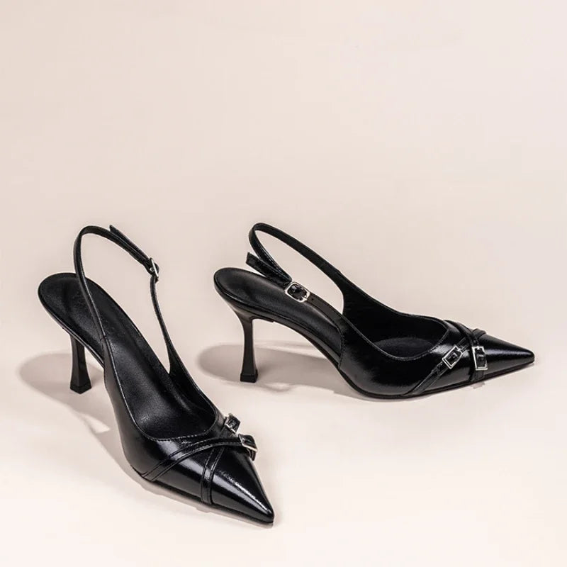 NOVA | Sleek black pointed toe heels with ankle strap

