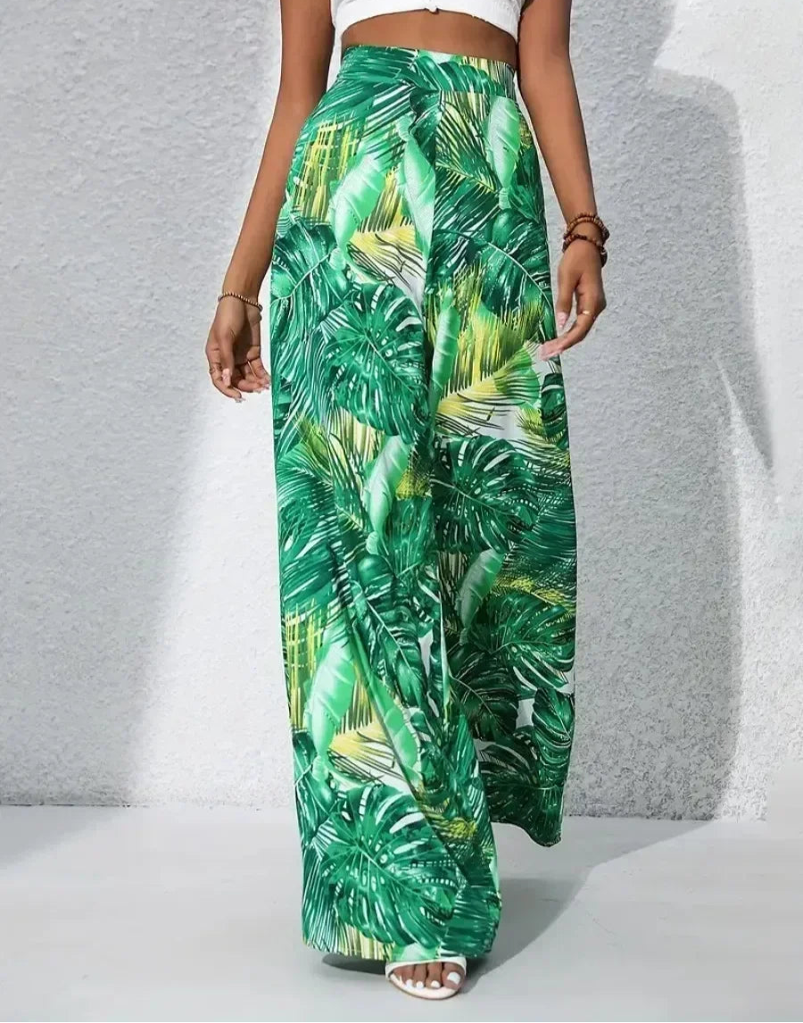 NOVA | Women's High-Waisted Wide-Leg Chiffon Pants – Floral Style

